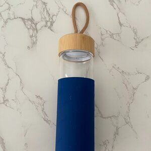 Limited Edition Costco Glass Water Bottle with Bamboo Cap Blue Silicone Sleeve